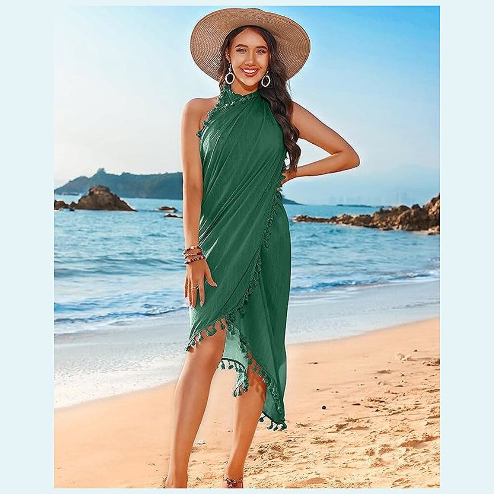 Beach Sarong Pareo Womens Semi-Sheer Swimwear 20-atrovirens-long - Picture 4 of 6